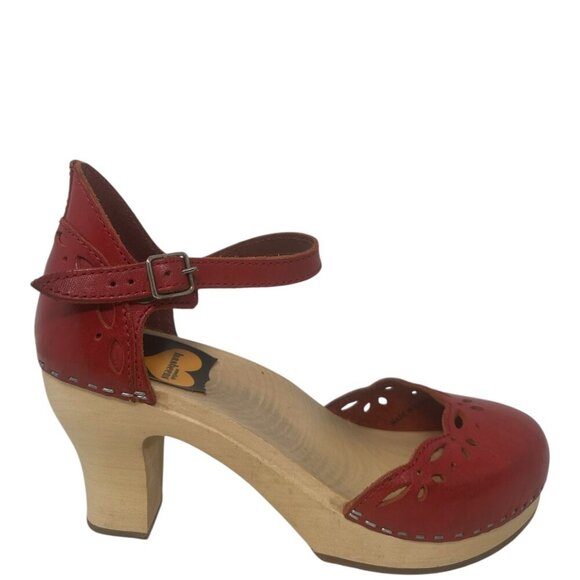 Rare Swedish Hasbeens Red Laser Cut Leather Platform Heeled Clog Sandals 9 Boho - Picture 1 of 14